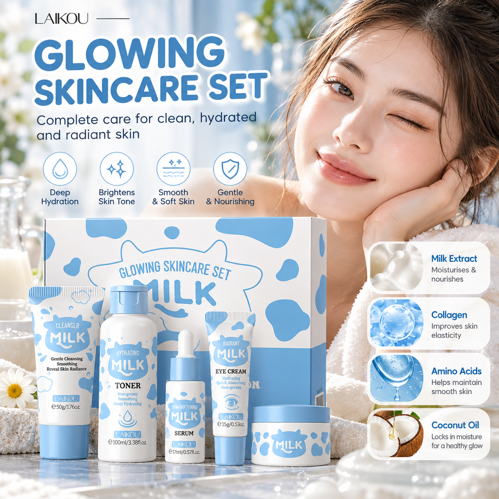 LAIKOU Milk Glow Skincare Set – 5-Piece Hydrating & Brightening Facial Care Routine