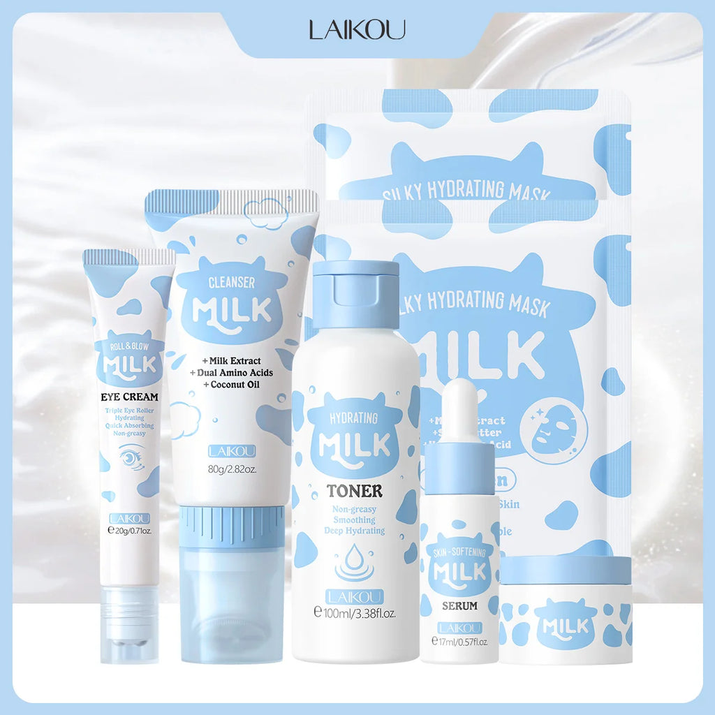 LAIKOU Milk Glow Skincare Set – 6-Piece Hydrating & Brightening Facial Care Routine